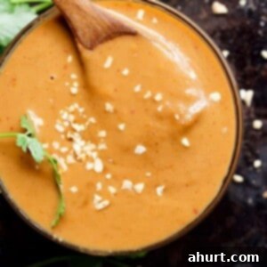 Quick and Creamy Satay Dip 8 Satay Dipping Sauce with wooden spoon in a bowl