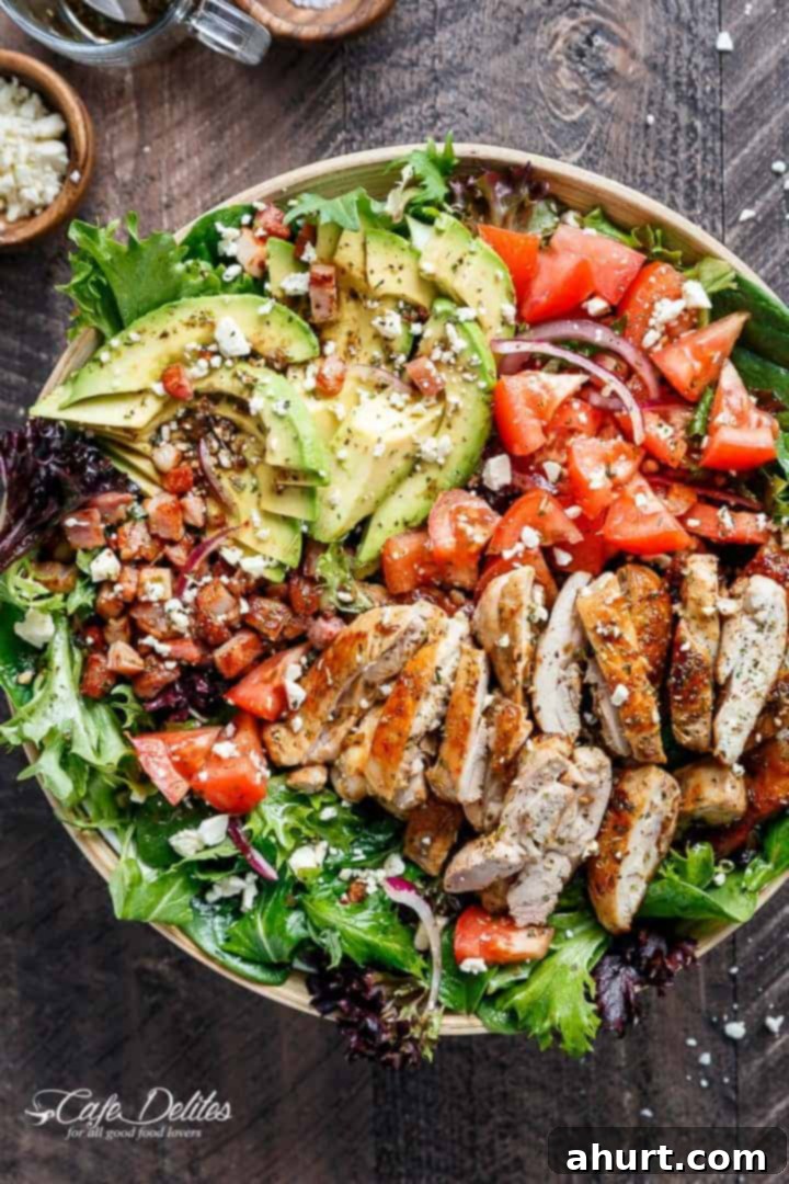 BLT Salad with Balsamic Chicken, Avocado & Feta 2 BLT Balsamic Chicken Avocado Feta Salad on a platter, showcasing vibrant colors and fresh ingredients