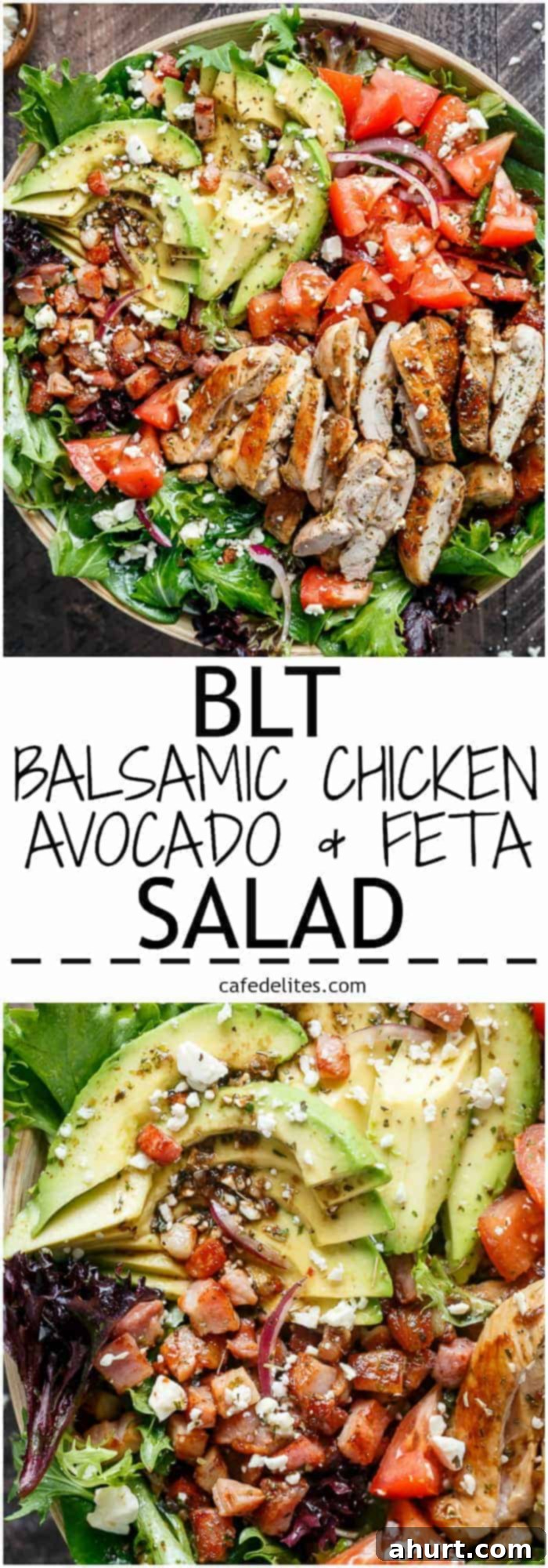 BLT Salad with Balsamic Chicken, Avocado & Feta 10 Pinterest Pin image for BLT Balsamic Chicken Avocado & Feta Salad recipe