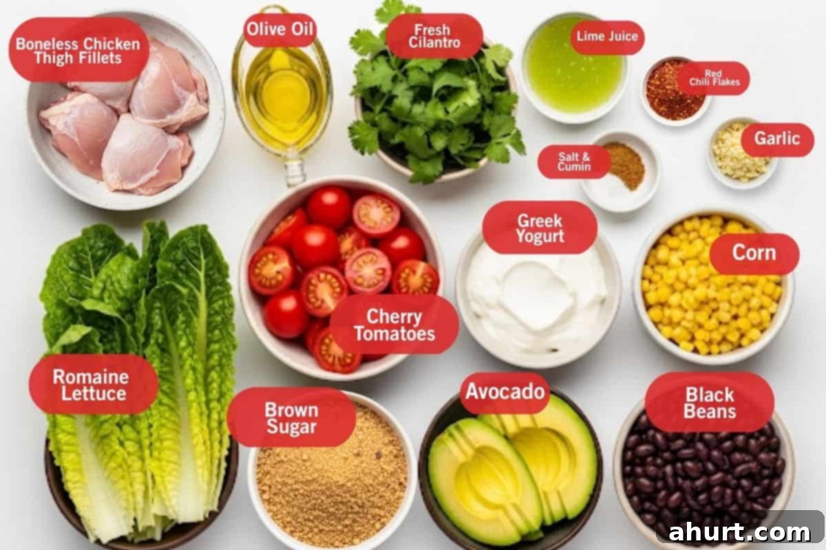 Fiery Fiesta Chicken Salad 3 Flat lay photo of ingredient shot of boneless chicken thigh fillets, olive oil, fresh cilantro, lime juice, red chili flakes, garlic, salt and cumin, cherry tomatoes, romaine lettuce, brown sugar, avocado, black beans, greek yogurt, corn