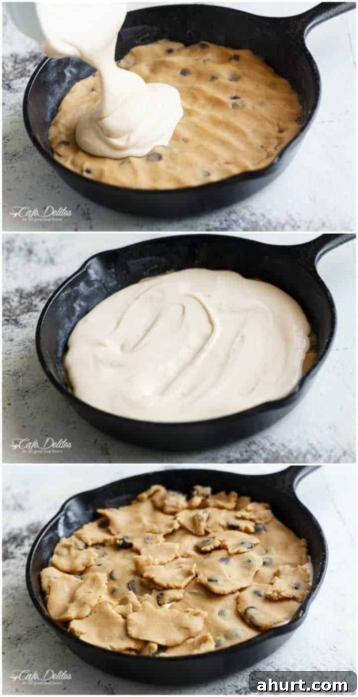 Cheesecake Stuffed Pizookie 4 Collage on how to make Cheesecake Stuffed Chocolate Chip Skillet Cookie