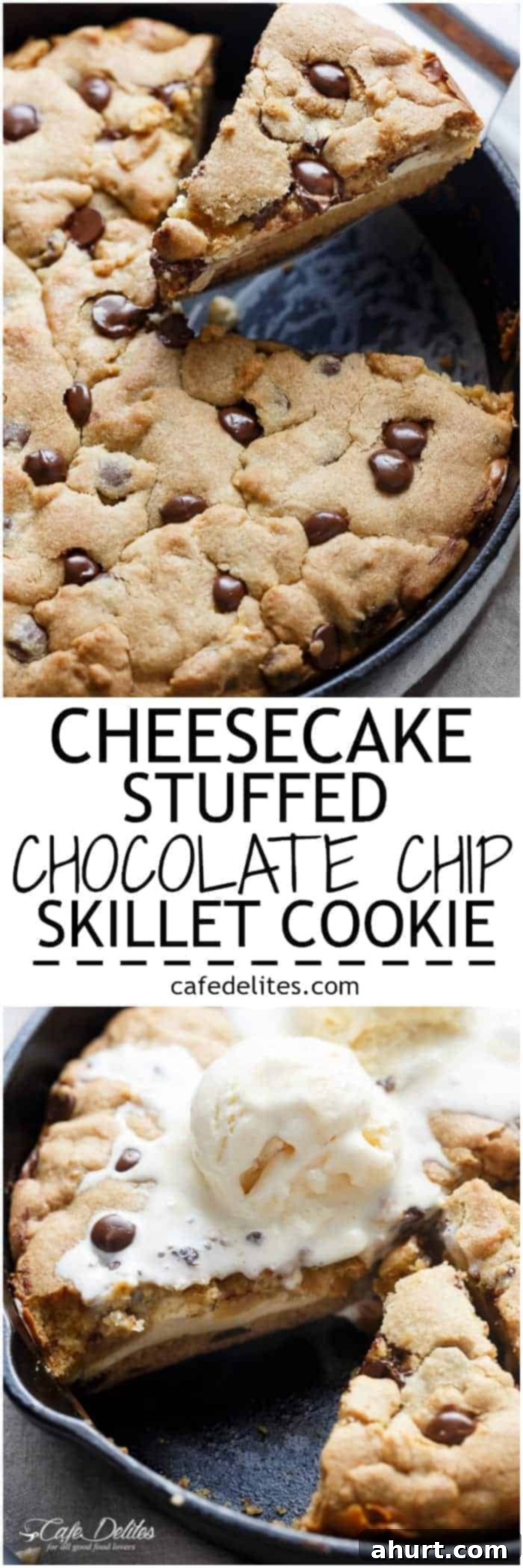 Cheesecake Stuffed Pizookie 9 PIN image of Cheesecake Stuffed Skillet Cookie with ice cream scoop on top