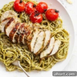 Vibrant Pesto Chicken Spaghetti 11 Basil Pesto Chicken Spaghetti on a plate