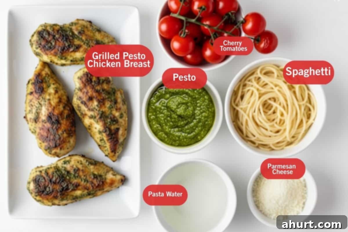 Vibrant Pesto Chicken Spaghetti 3 Flat lay photo of ingredient shot of grilled pesto chicken breast, cherry tomatoes, pesto, pasta water, spaghetti, parmesan cheese ready for making chicken pesto spaghetti