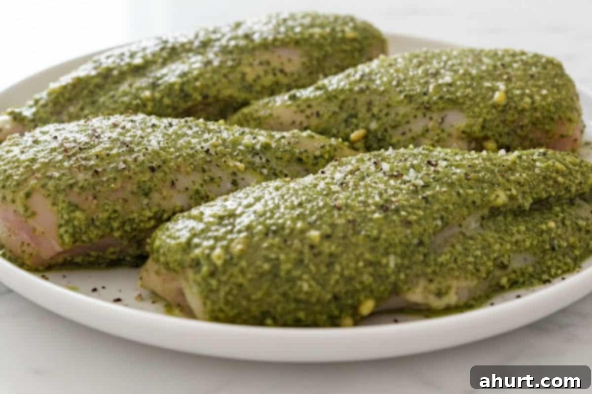 Vibrant Pesto Chicken Spaghetti 5 Smother the chicken breast fillets with basil pesto and season with salt and pepper evenly.