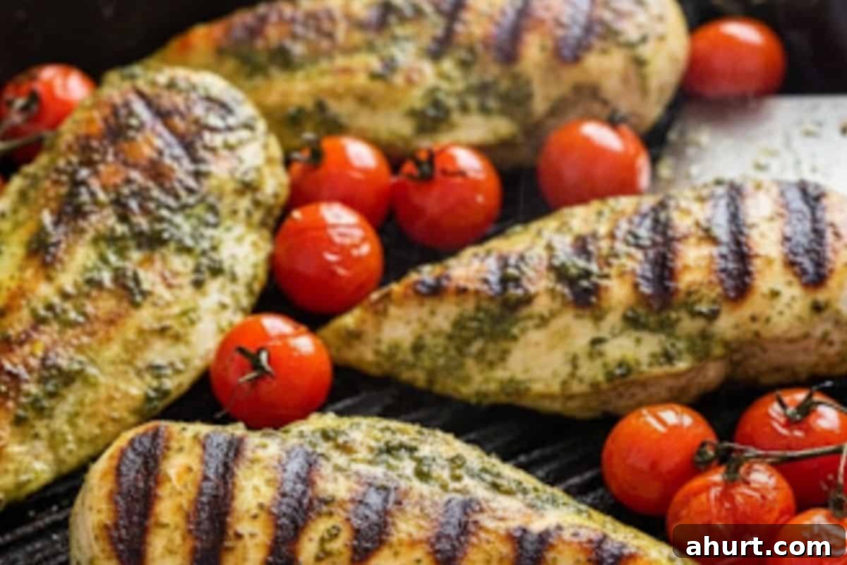 Vibrant Pesto Chicken Spaghetti 6 Cook the chicken and cherry tomatoes on a grill pan or barbecue until lightly browned and cooked through.