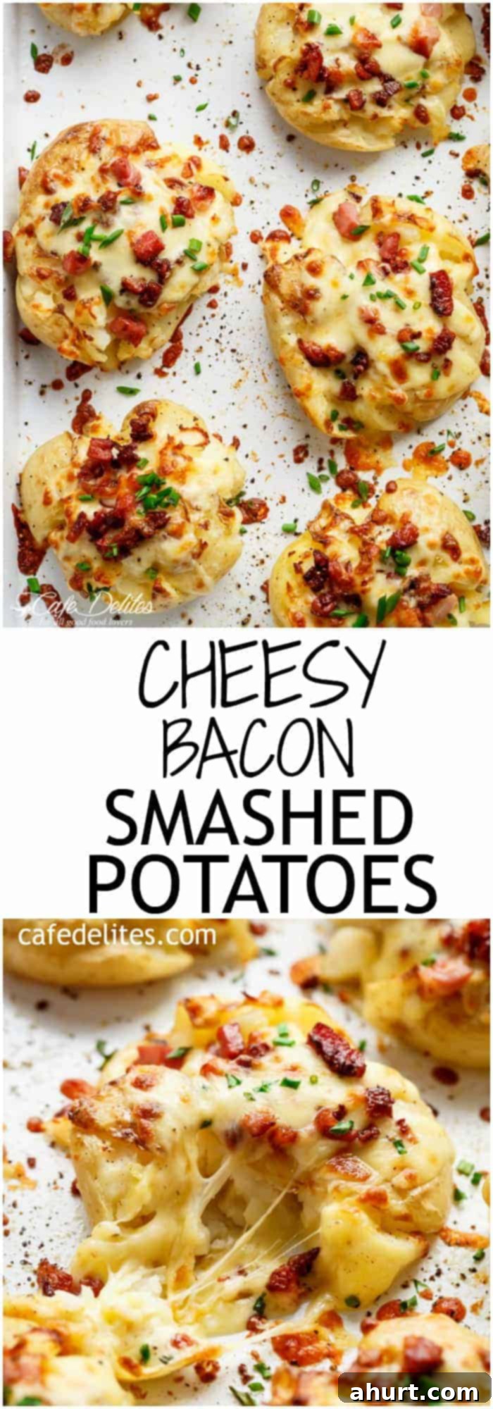 Crispy Smashed Potatoes with Bacon and Cheese 10 PIN image of cheese bacon smashed potato