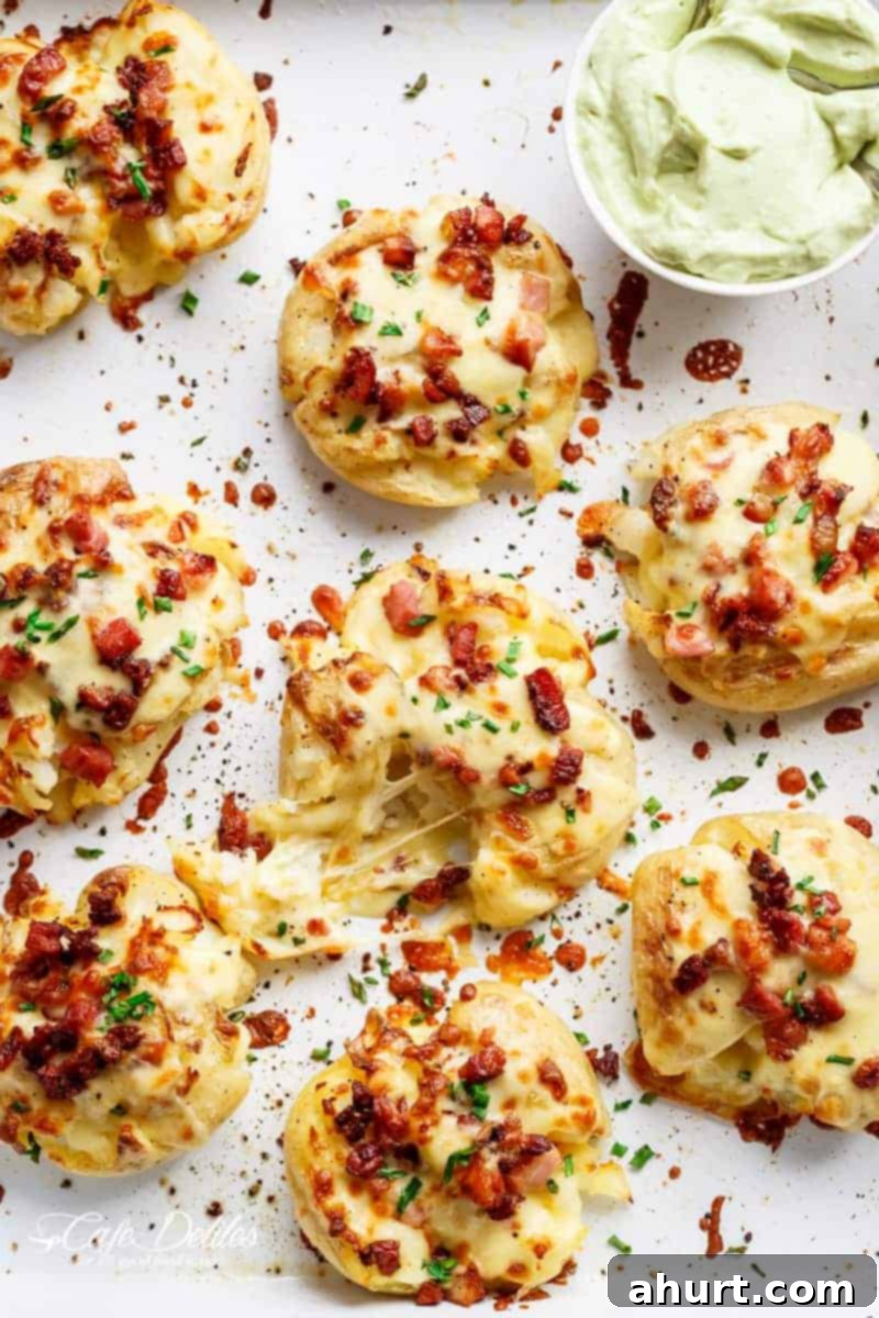 Cheesy Bacon Smashed Potatoes on a baking tray