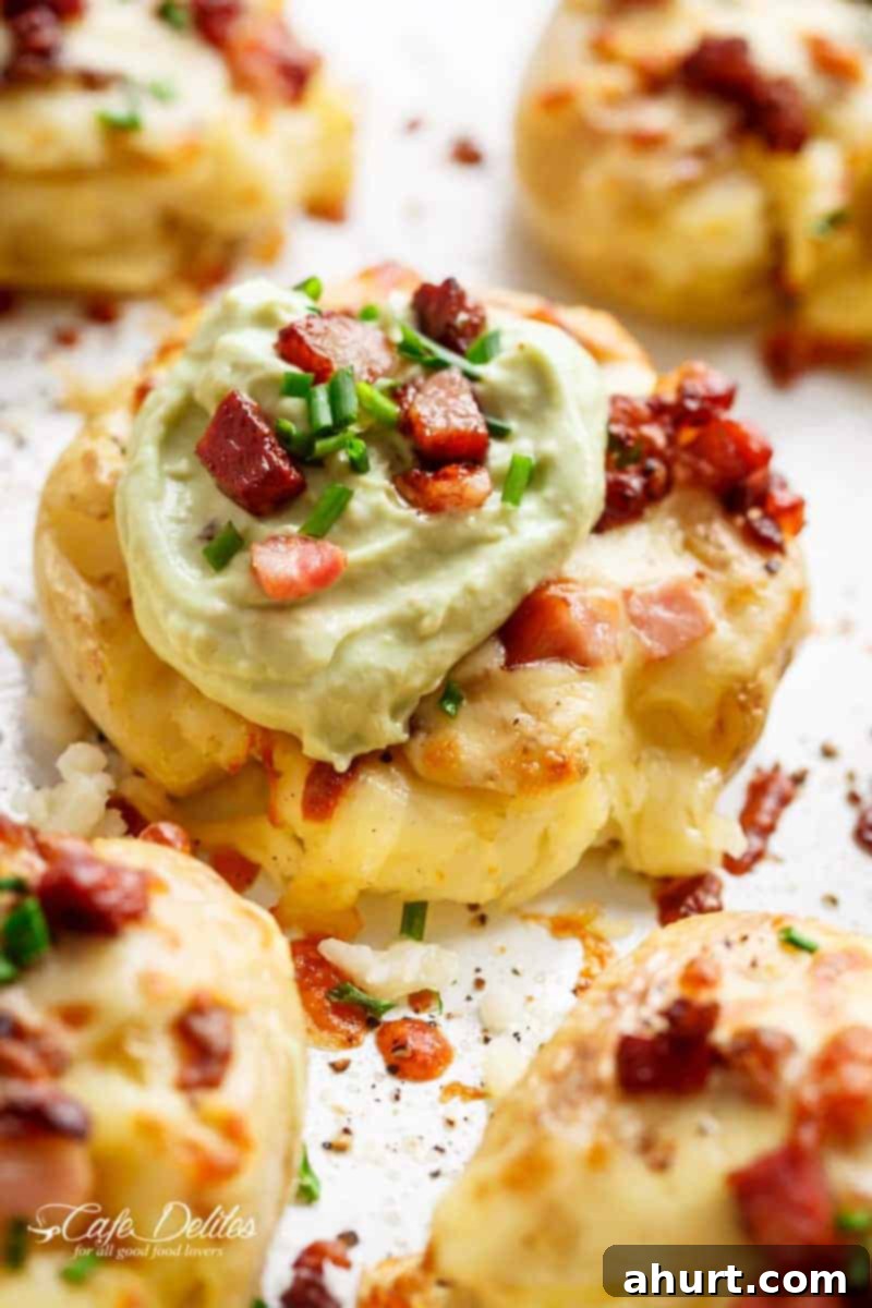 Avocado Crema on cheese bacon smashed potato piece