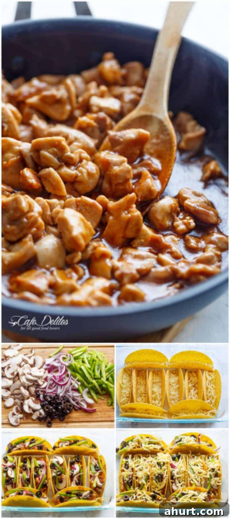 Smoky BBQ Chicken Taco Pizza 4 Step by step collage on Oven baked BBQ Chicken Pizza Tacos