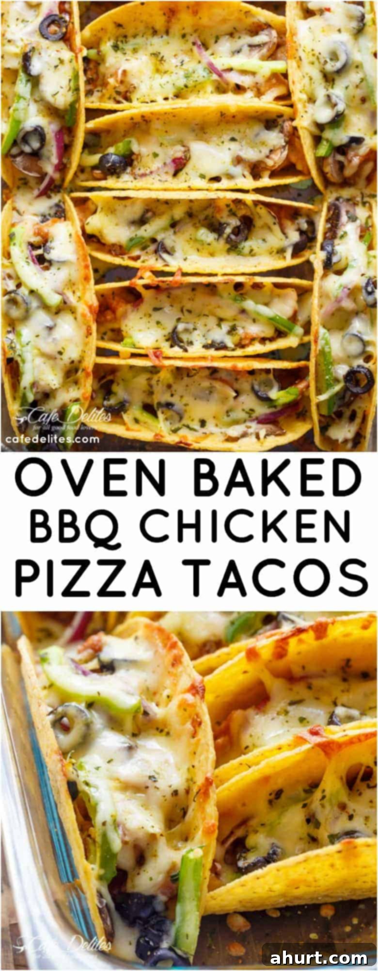 Smoky BBQ Chicken Taco Pizza 8 PIN image of Easy Oven Baked Barbecue Chicken Pizza Tacos are full of pizza flavours, stuffed inside a crispy taco shell, to give you the BEST of both worlds