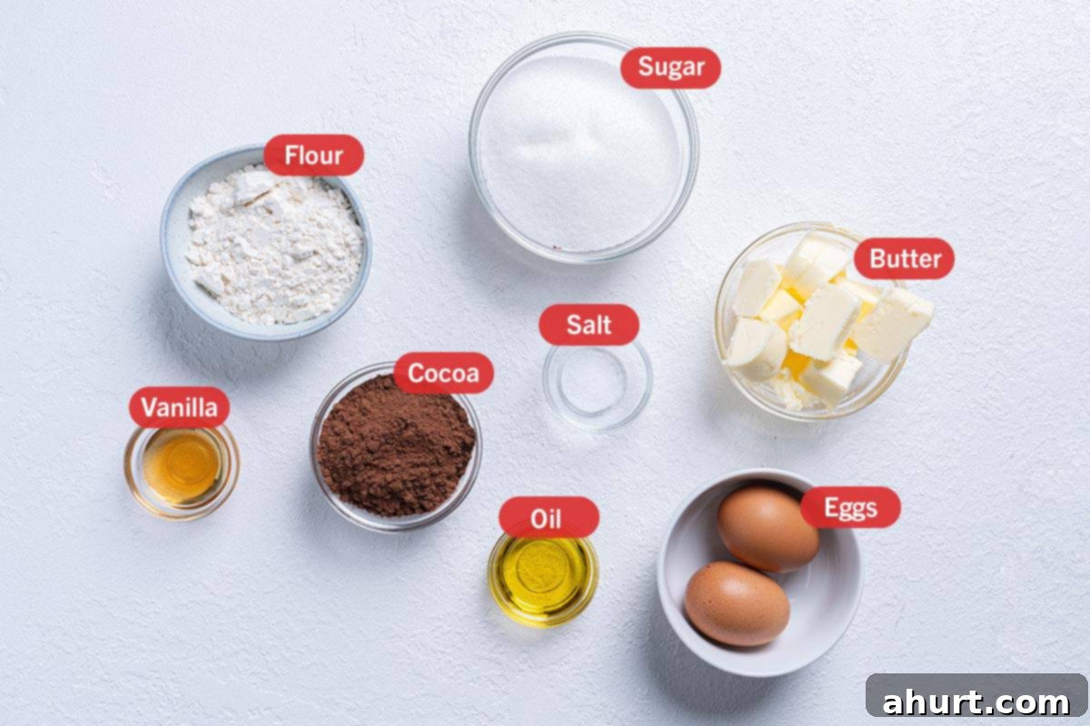 Decadent Cocoa Fudge Brownies 3 Image of the ingredients needed for the preparation of the Fudgy Cocoa Brownies, specifically: Butter, Flour, Sugar, Vanilla, Cocoa, Salt, Oil, and Eggs