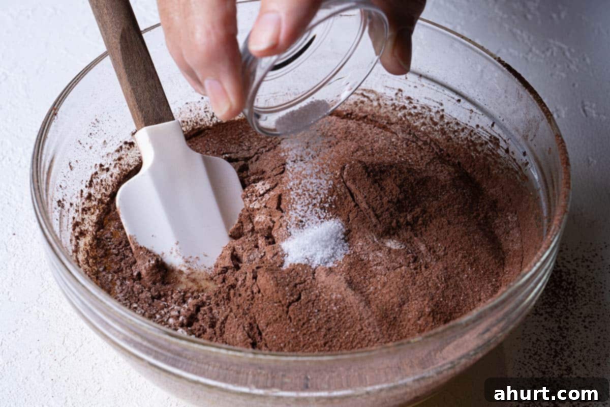 Decadent Cocoa Fudge Brownies 6 Image showing salt being added to the dry ingredients before gently folding them together.