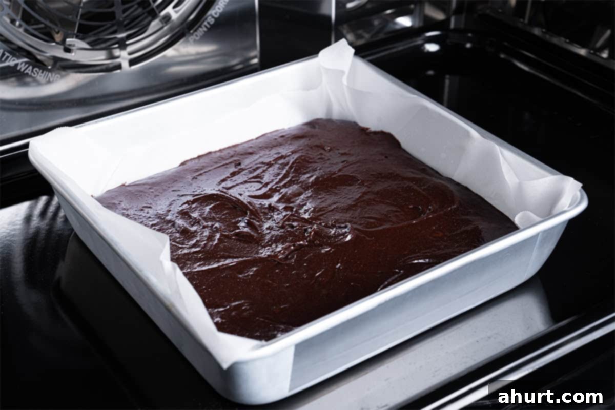 Decadent Cocoa Fudge Brownies 9 Image of the batter being placed in the oven to bake for 20-25 minutes.