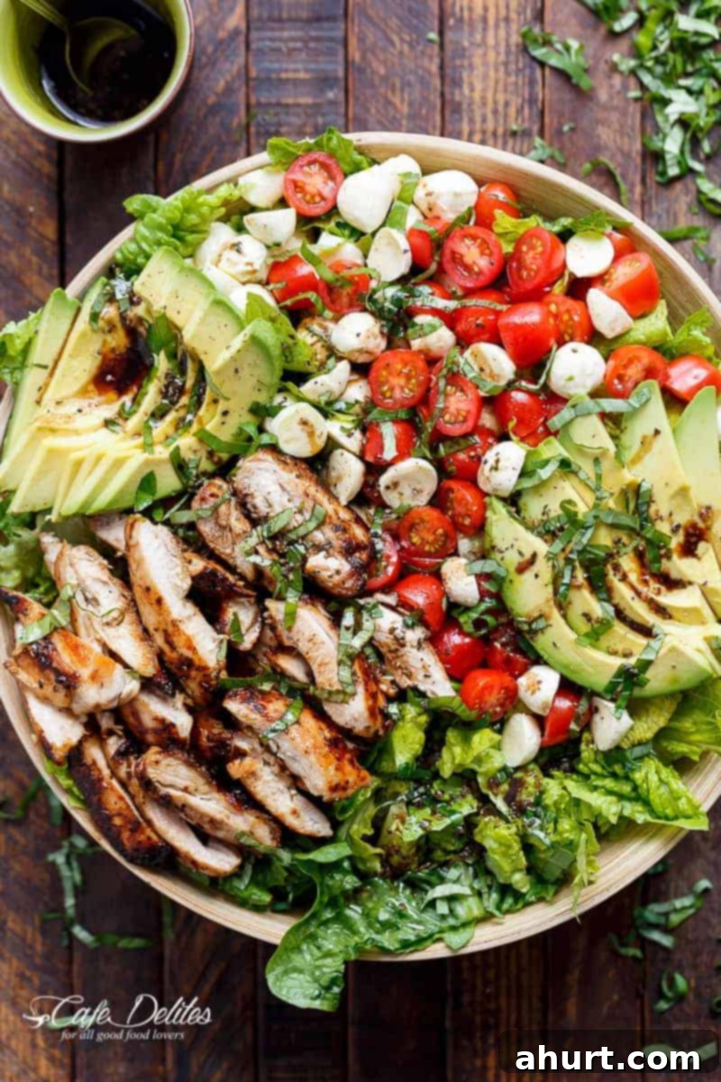 Balsamic Chicken Avocado Caprese Salad drizzled with a rich balsamic dressing