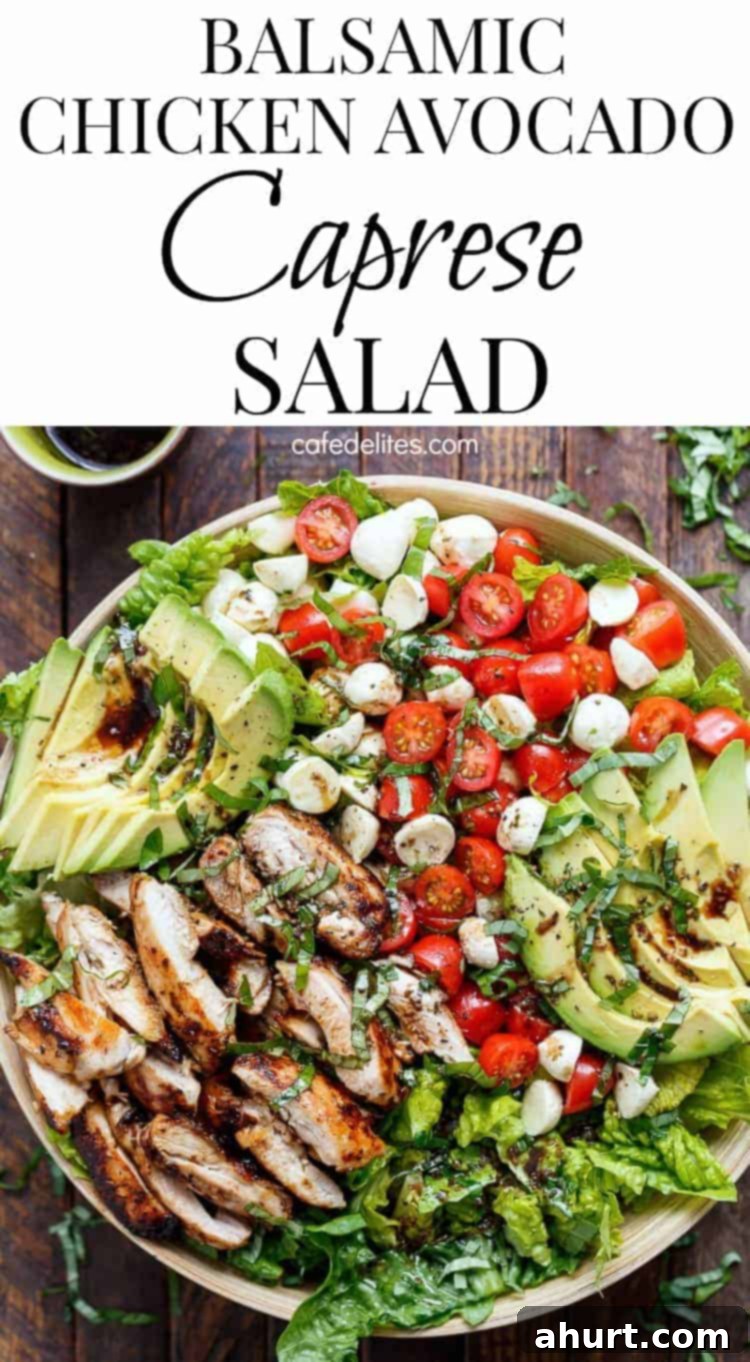 Vibrant Chicken Avocado Caprese 10 Another PIN image of Chicken Avocado Caprese Salad on a plater, different angle
