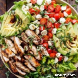 Vibrant Chicken Avocado Caprese 8 Top view of Chicken Avocado Caprese Salad on a plater