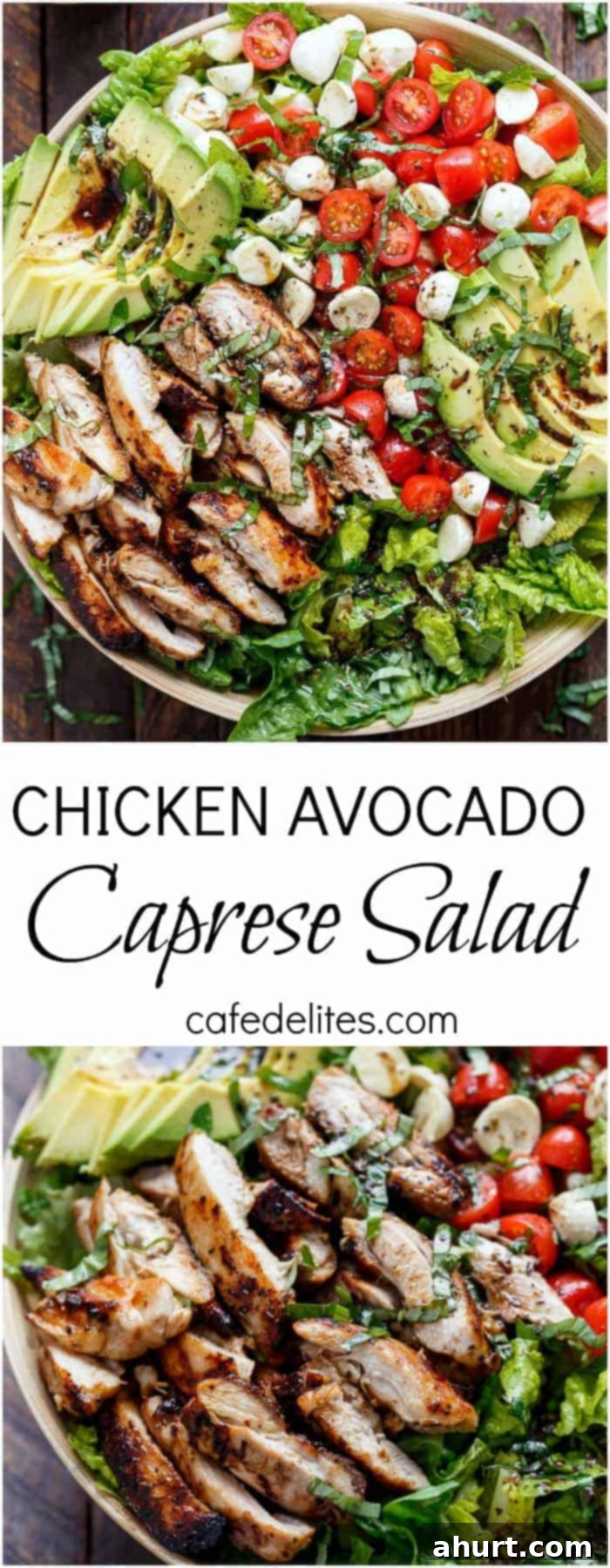 Vibrant Chicken Avocado Caprese 9 PIN image of Chicken Avocado Caprese Salad on a plater