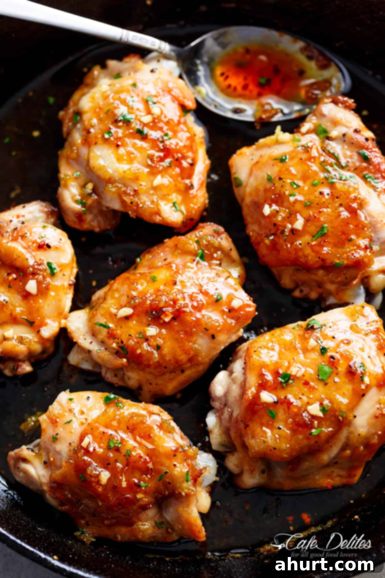 Sticky Honey Garlic Chicken 2 Honey Garlic Chicken thighs with a sticky sauce and fresh herbs sprinkled on top in a pan.