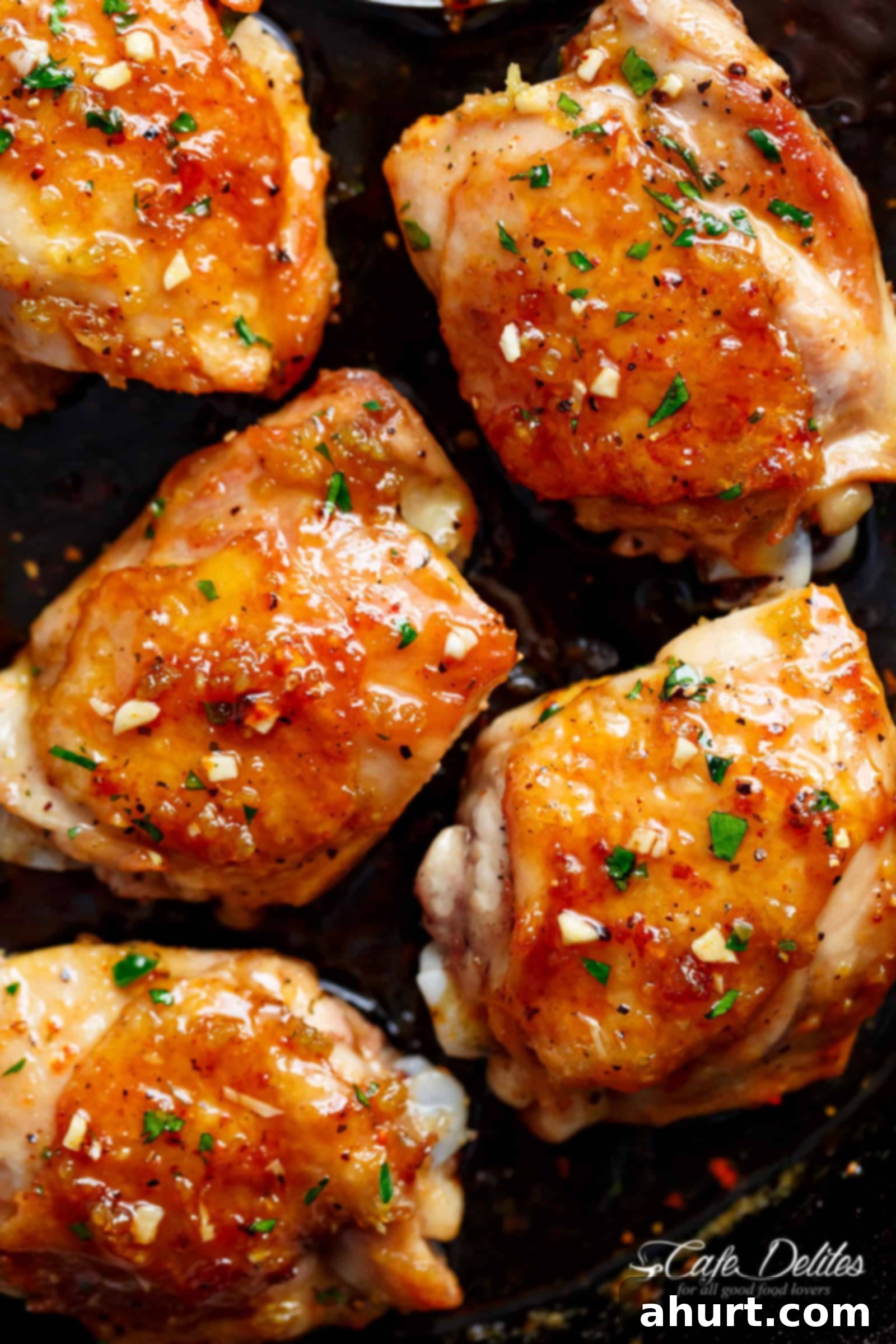 Sticky Honey Garlic Chicken 4 Chicken pieces glazed in honey garlic sauce in a pan, with chopped, fresh herbs on top.