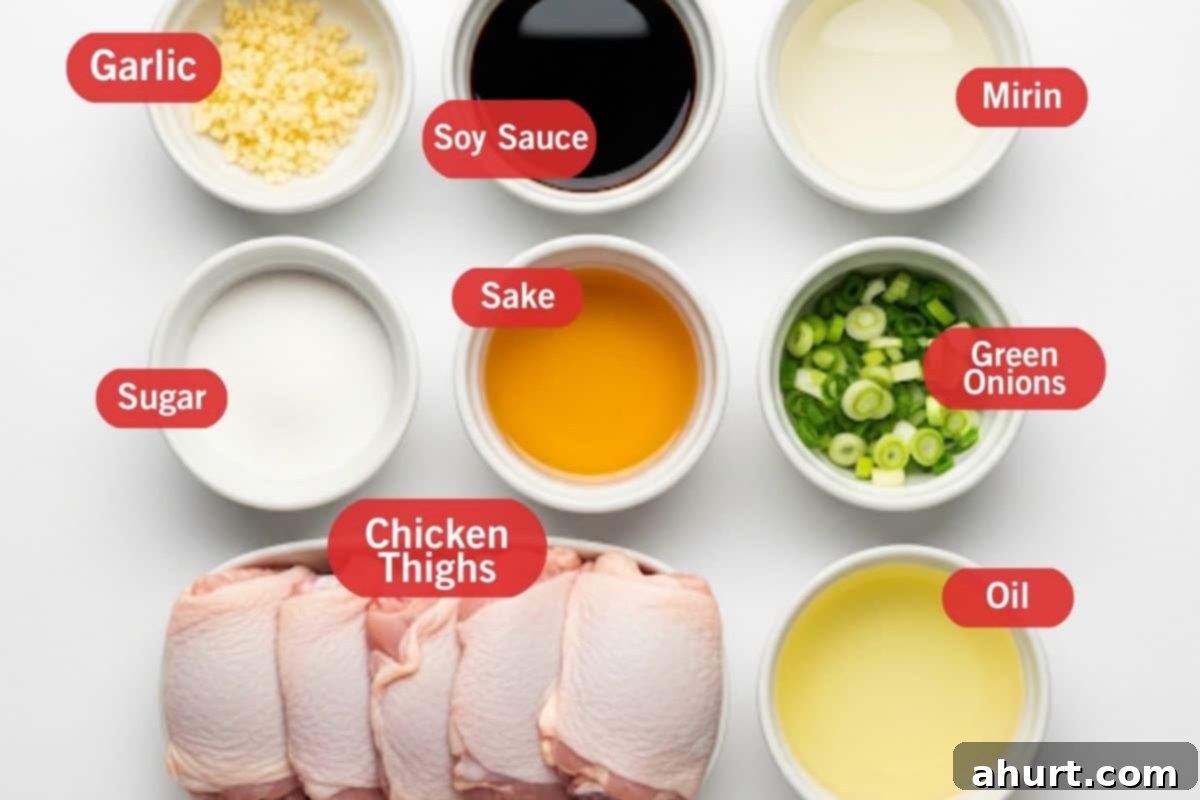 Flat lay ingredient photo of garlic, soy sauce, mirin, sugar, sake, green onions, chicken thighs, oil 