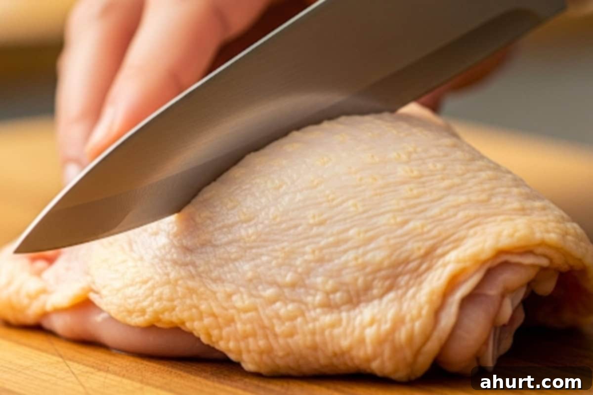 Pierce each chicken thigh all over with the tip of a sharp knife. 