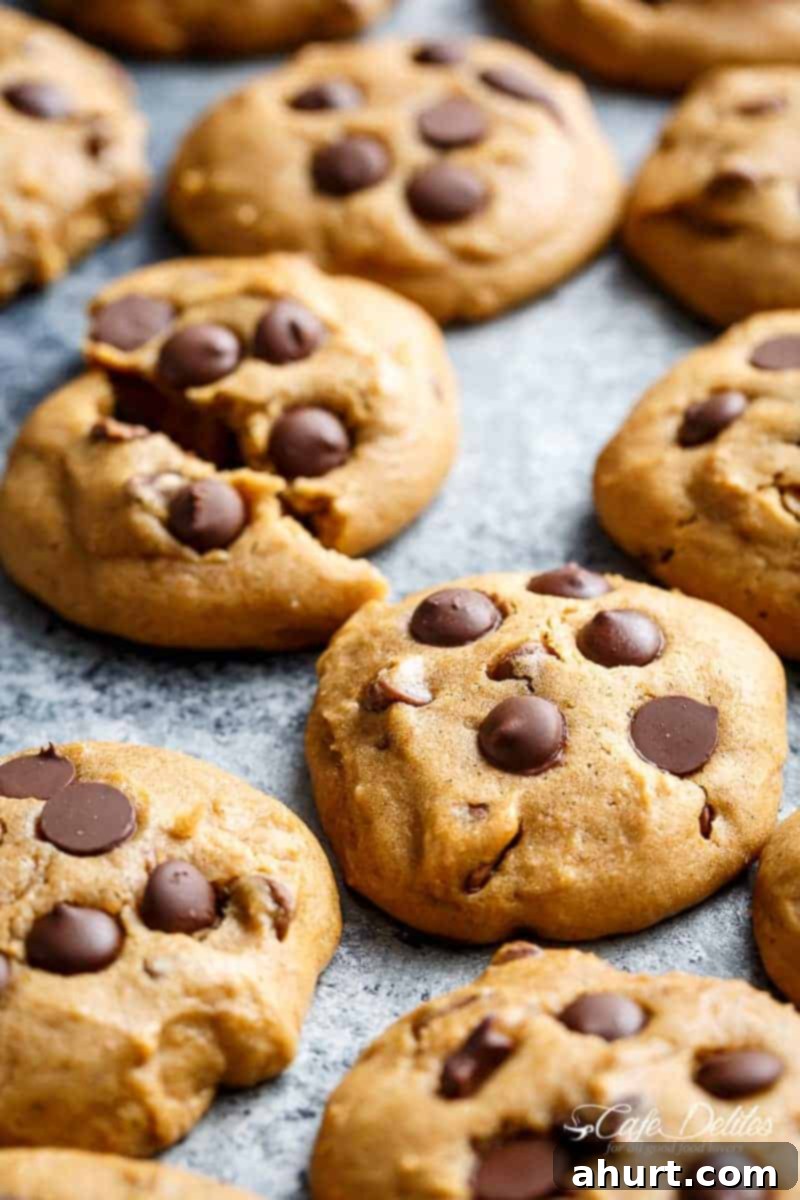 Side view of Soft Pumpkin Chocolate Chip Cookies, showing their golden color and tempting texture