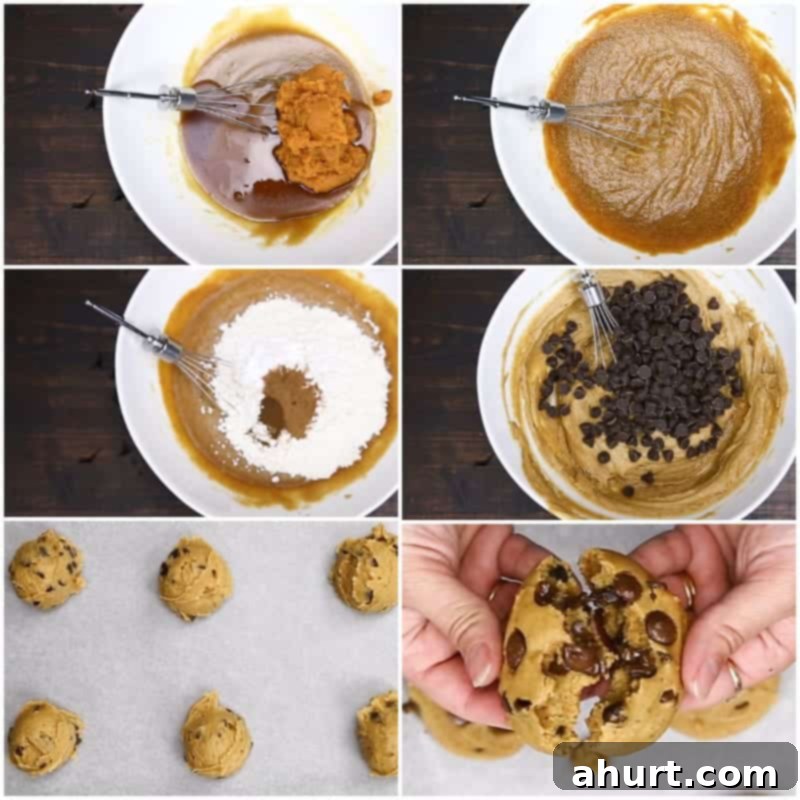 Step-by-step collage showing how to make Soft Pumpkin Chocolate Chip Cookies, from mixing to baking
