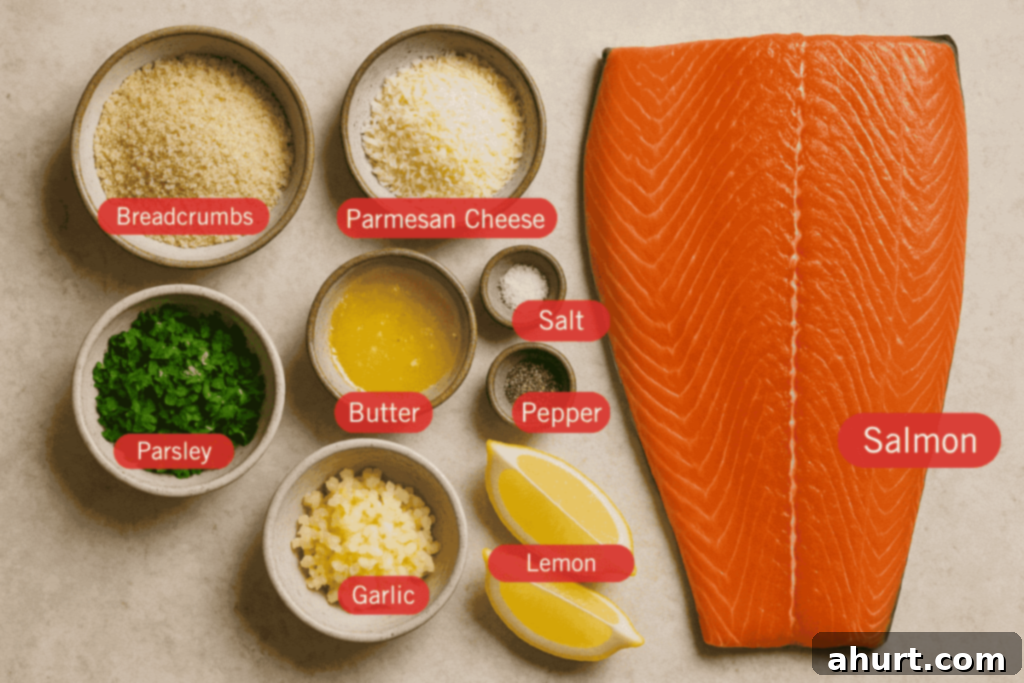Crispy Parmesan Salmon 3 Labeled flatlay of salmon with bowls of breadcrumbs, parmesan, parsley, butter, garlic, salt, pepper, and lemon wedges on a light surface.