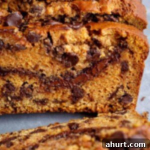 Decadent Nutella Swirl Pumpkin Chocolate Chip Bread 5 Close-up of a perfectly baked slice of Nutella Pumpkin Chocolate Chip Bread on a white plate