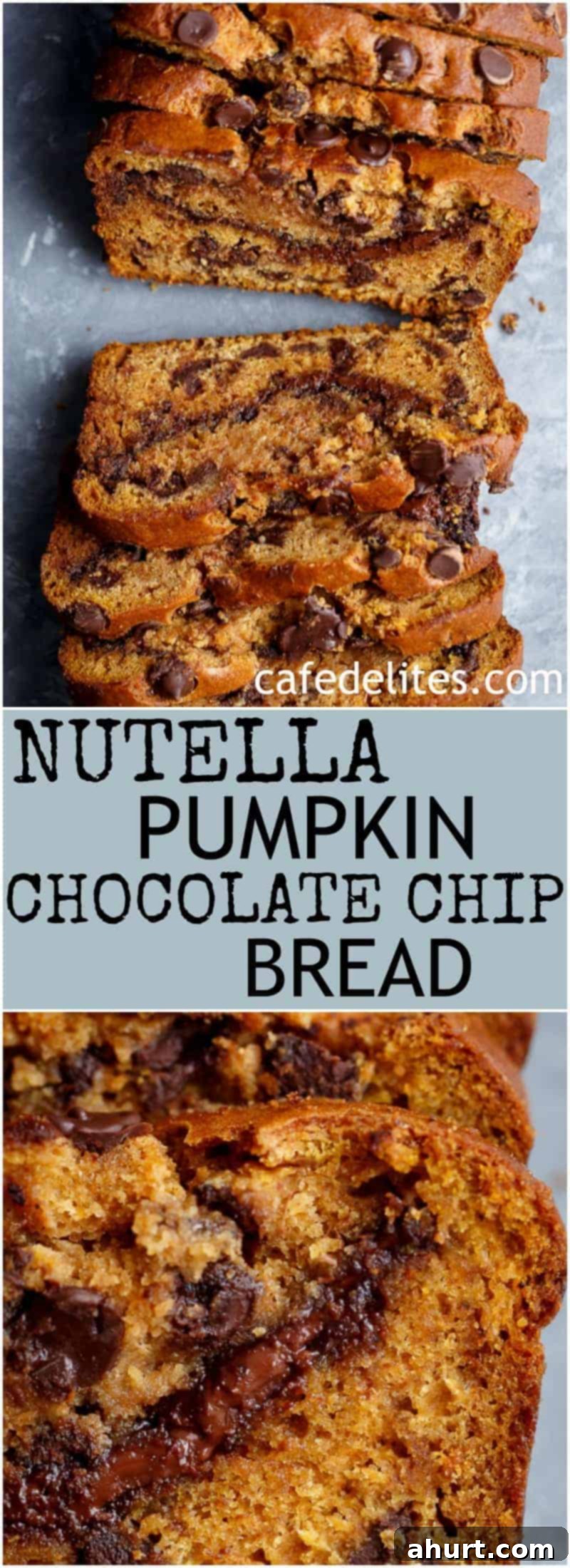 Decadent Nutella Swirl Pumpkin Chocolate Chip Bread 7 Pinterest pin image for Nutella Pumpkin Chocolate Chip Bread, showcasing a beautifully baked loaf ready for sharing