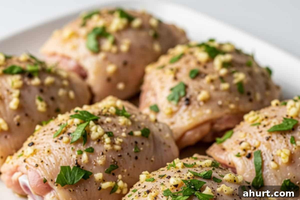 Luscious Creamy Garlic Parmesan Chicken 4 Chicken thighs on a plate coated with an olive oil, garlic, and herb mixture.