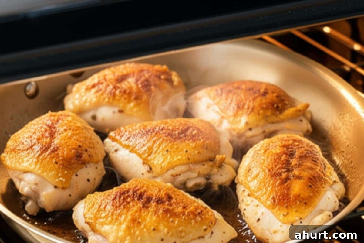 Luscious Creamy Garlic Parmesan Chicken 6 Oven-proof skillet with seared chicken thighs placed in the oven for baking.