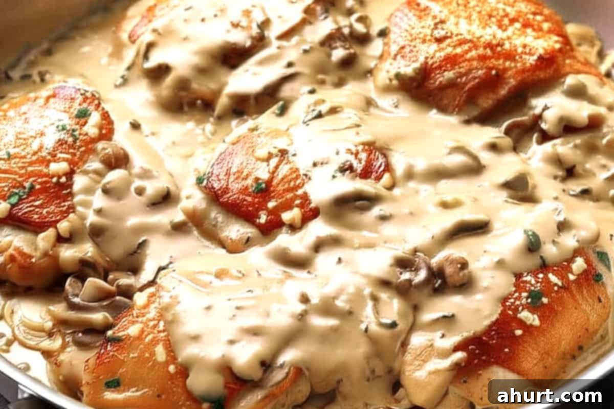 Luscious Creamy Garlic Parmesan Chicken 10 Cooked chicken thighs returned to the creamy garlic parmesan sauce in the pan, simmering.