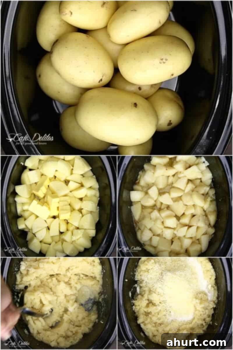A collage demonstrating how to make Creamy Slow Cooker Mashed Potatoes step-by-step.