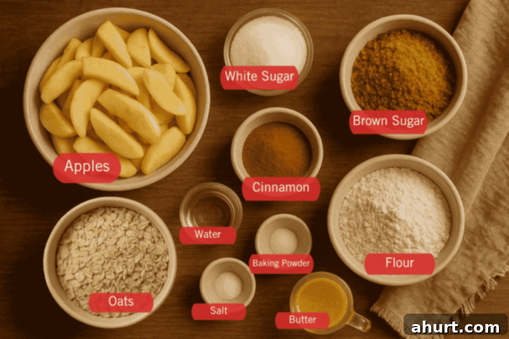Effortless Apple Crumble 2 a photo of the ingredients of easy apple crumble: apples, white sugar. brown sugar, cinnamon, water, oats, salt, baking powder, butter, and flour