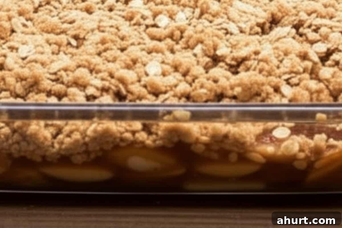 Effortless Apple Crumble 5 Oat crumble sprinkled evenly over the apples.