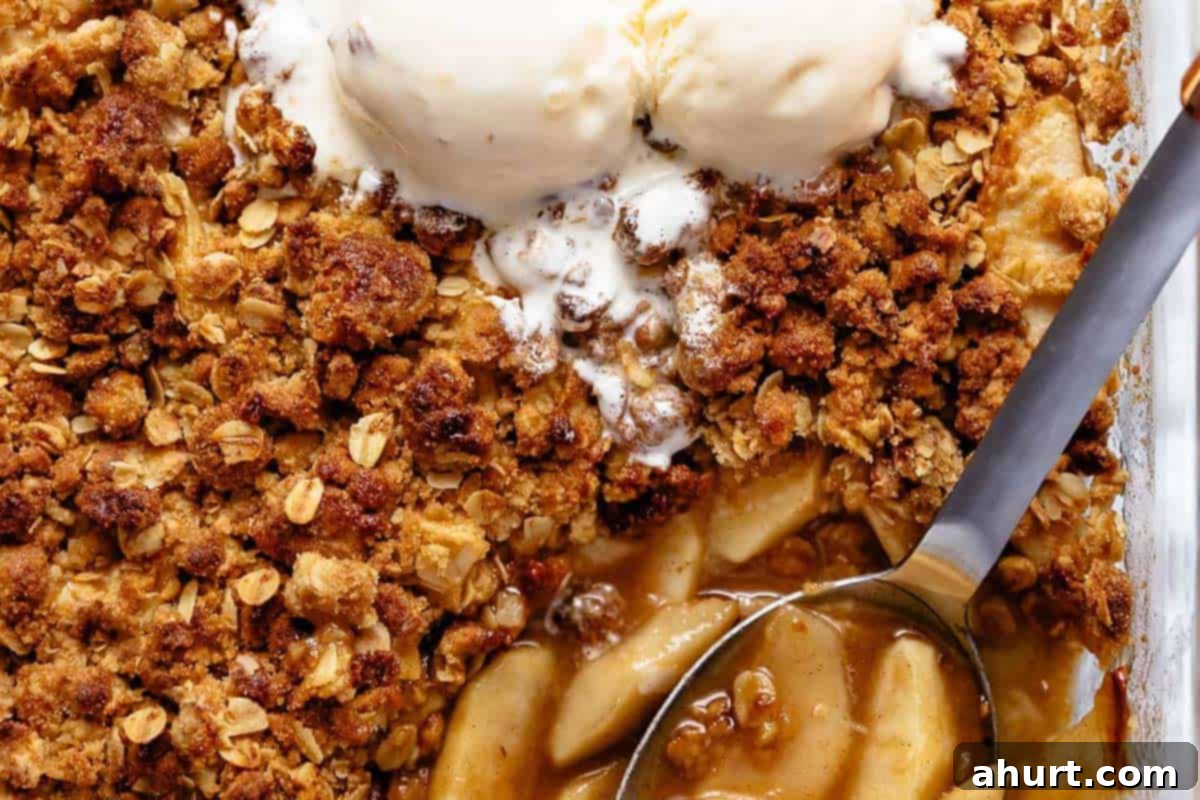Effortless Apple Crumble 6 Close-up shot of Apple Crumble topped with vanilla ice cream.