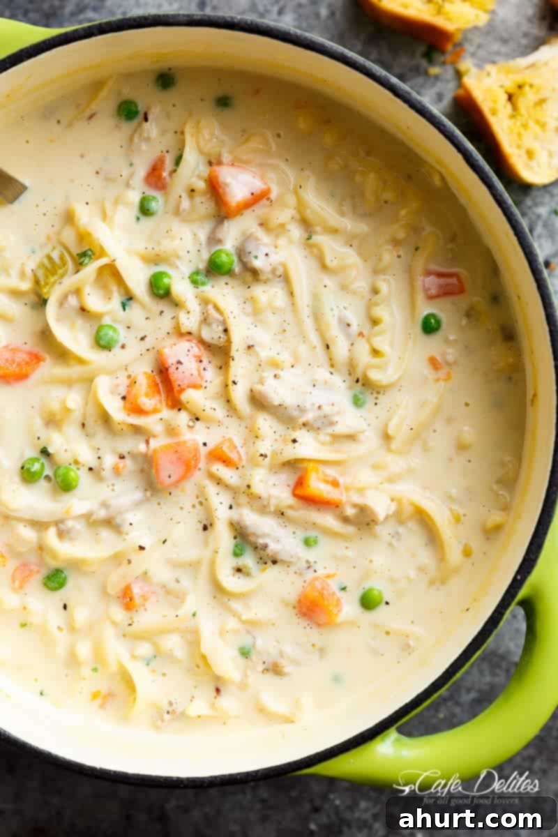 Guilt-Free Creamy Chicken Noodle Soup 2 Creamy Chicken Noodle Soup in a bowl