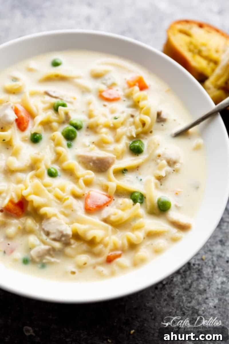 Guilt-Free Creamy Chicken Noodle Soup 4 Creamy Chicken Noodle Soup with spoon in a bowl