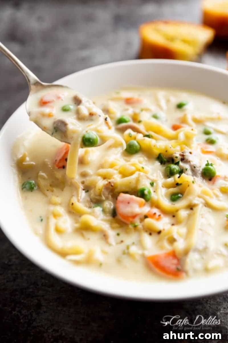 Guilt-Free Creamy Chicken Noodle Soup 5 A spoon carrying a Creamy Chicken Noodle Soup from the bowl