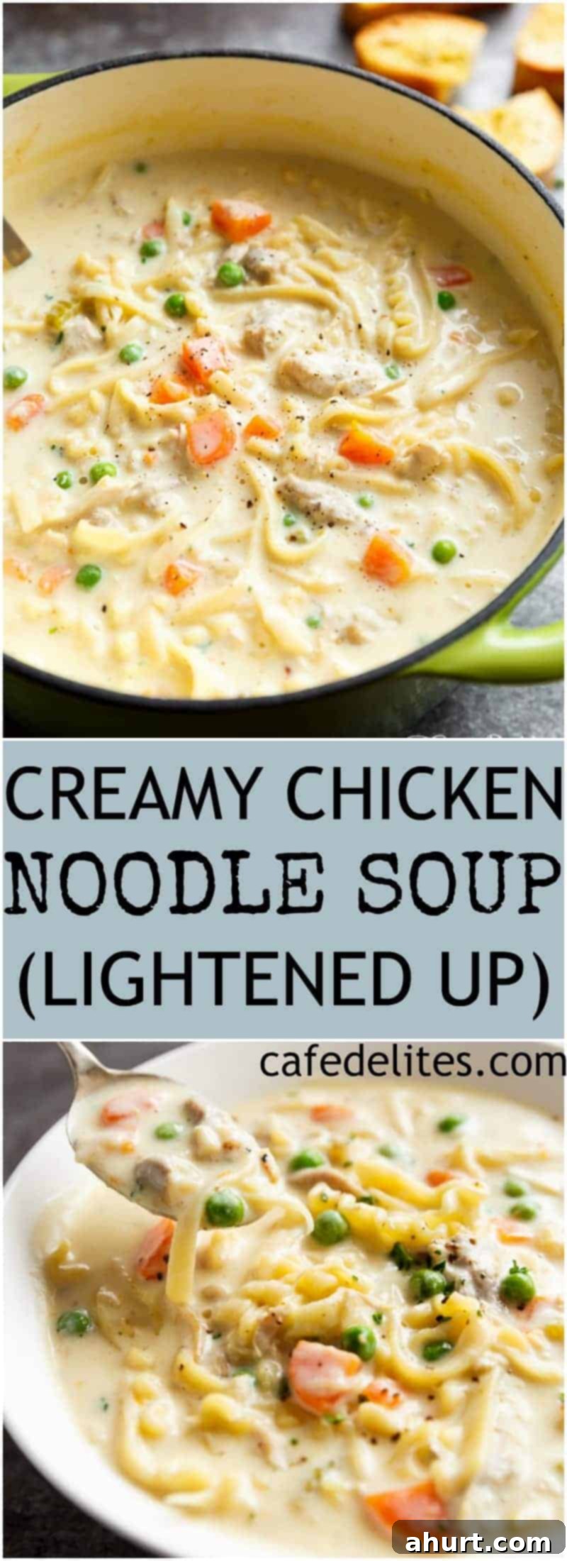 Guilt-Free Creamy Chicken Noodle Soup 7 PIN image of Creamy Chicken Noodle Soup in a bowl
