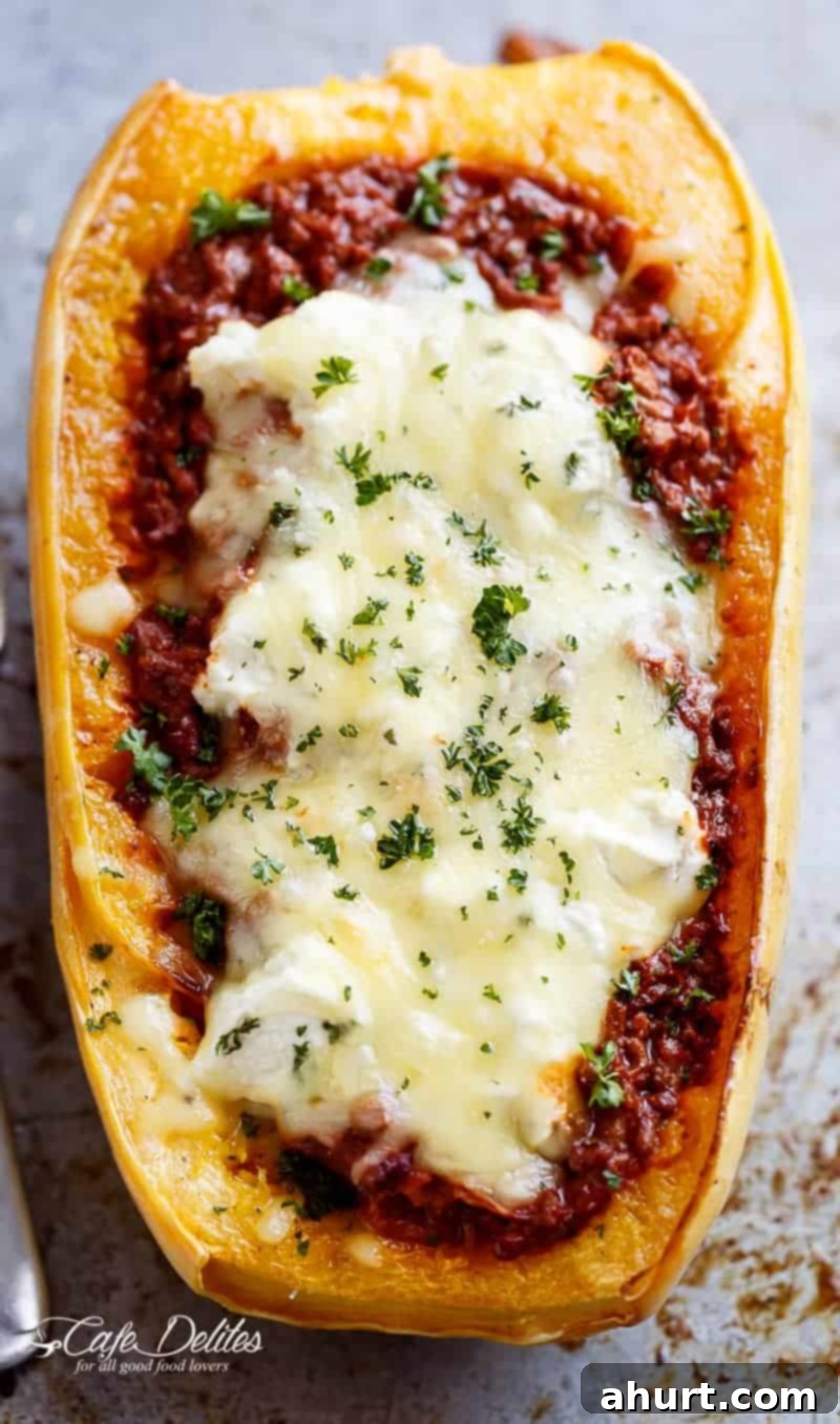 Lasagna-Stuffed Spaghetti Squash Boats 2 Top view image of Spaghetti Squash Lasagna Boats With layers of spaghetti squash, bolognese sauce, creamy ricotta and mozzarella!