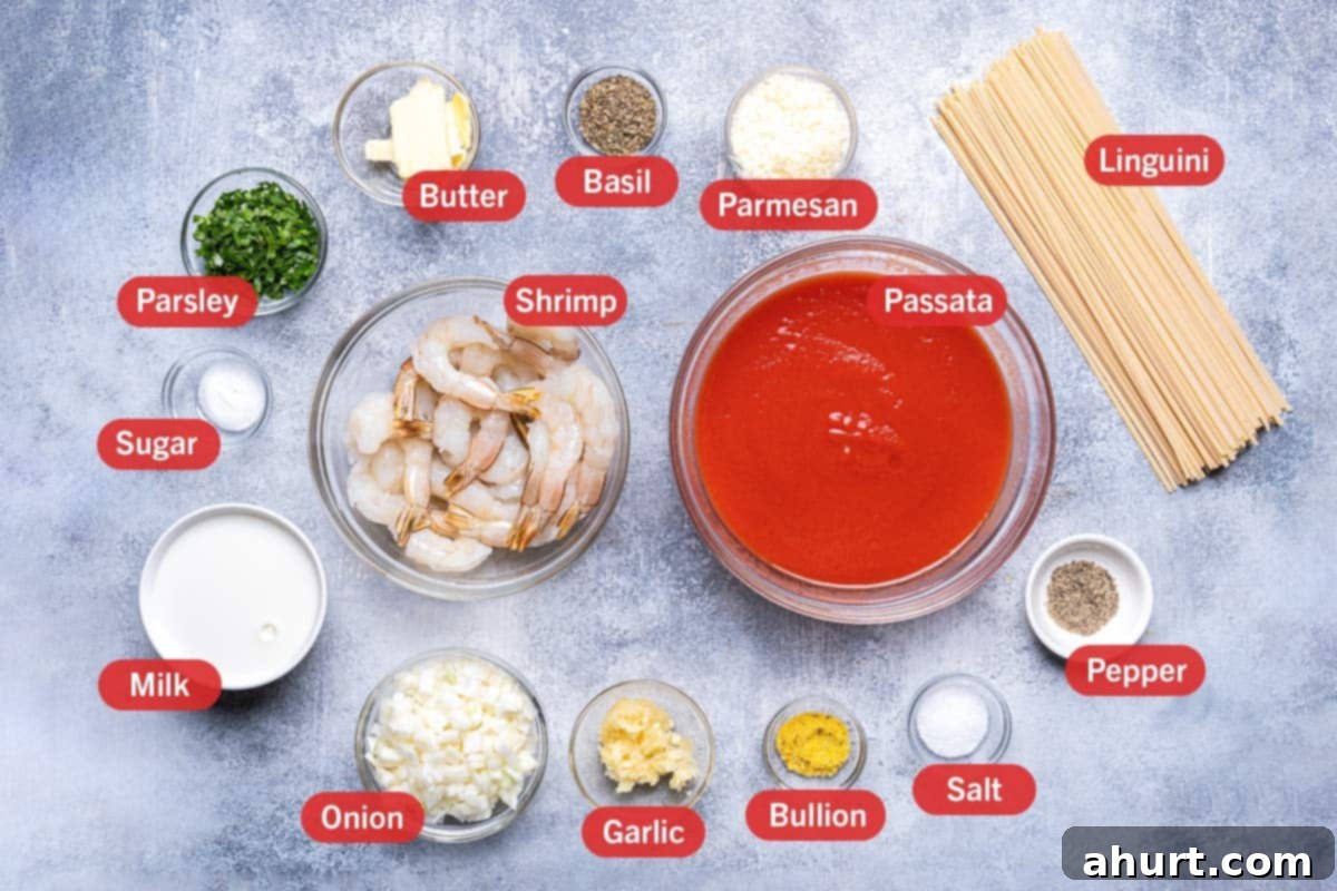 Velvety Tomato Garlic Butter Shrimp, Ready in 15 Minutes 3 Ingredients for 15-Minute Creamy Tomato Garlic Butter Shrimp pasta, including shrimp, linguini, marinara sauce, fresh herbs, and dairy, laid out in top view