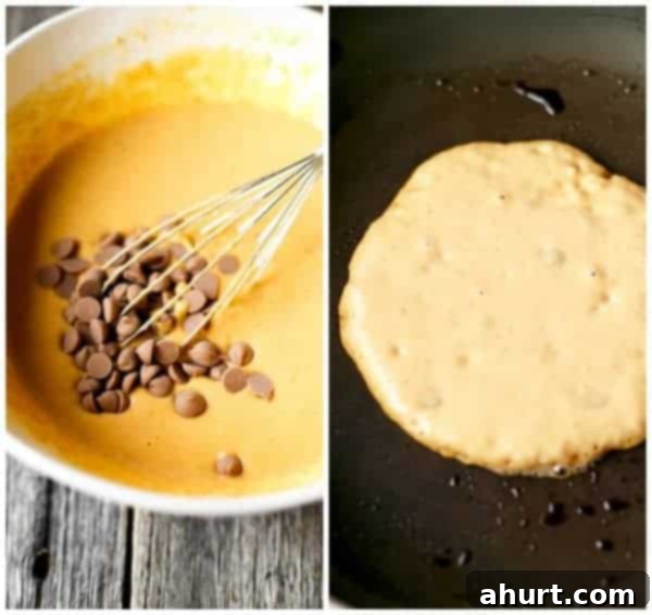 A four-panel collage showing the step-by-step process of making Pumpkin Caramel Chip Pancakes, including mixing ingredients, pouring batter, flipping pancakes, and a finished stack.
