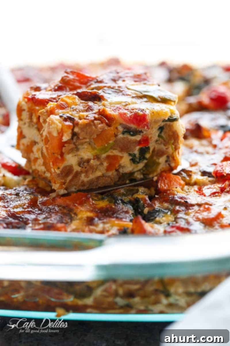 Sweet Potato Hash Brown Breakfast Bake 8 A piece taken out from Sweet Potato Hashbrown Breakfast Casserole