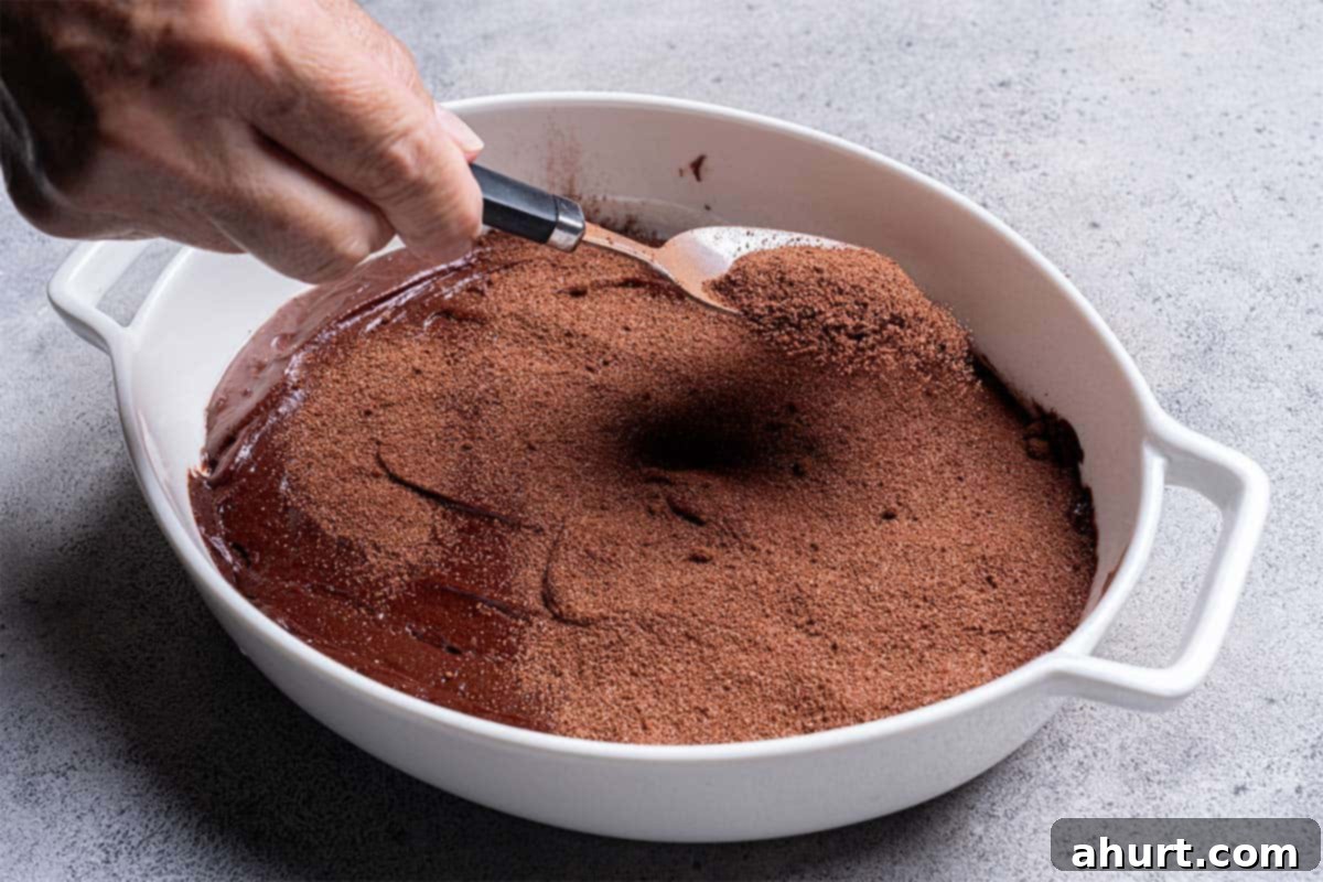Molten Chocolate Fudge Pudding Cake 7 chocolate batter sitting in a pan with dry cocoa mix being sprinkled on top close up