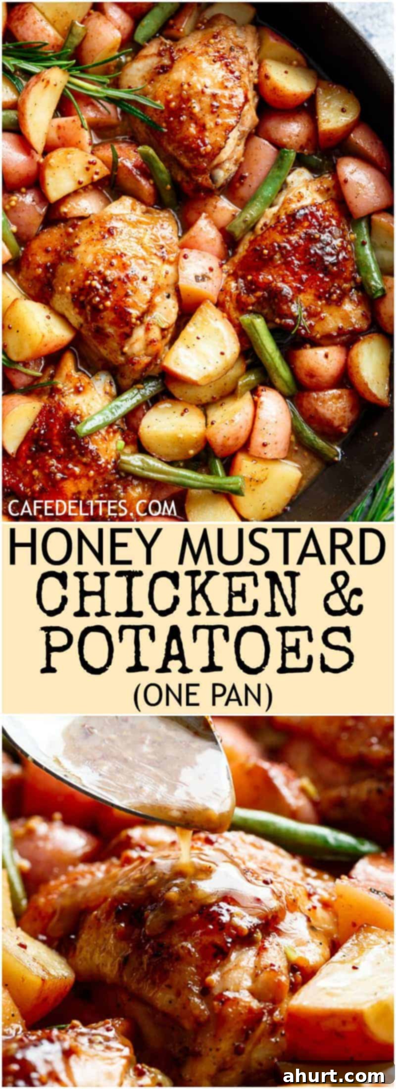 Sheet Pan Honey Mustard Chicken & Potatoes 14 Honey Mustard Chicken & Potatoes is all made in one pan! Juicy, succulent chicken pieces are cooked in the best honey mustard sauce, surrounded by green beans and potatoes for a complete meal!