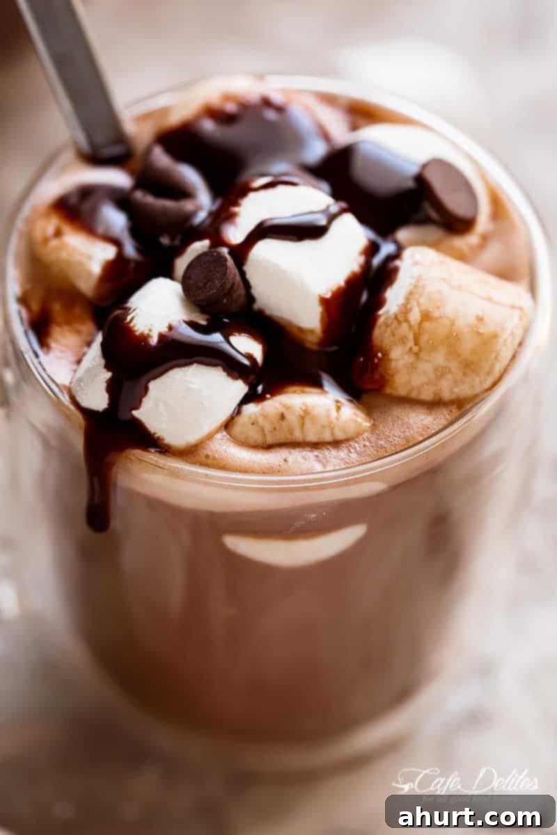 Comforting Hot Chocolate 2 Zoom in image of Special Ingredient Hot Chocolate, showcasing its rich texture and steam rising from the mug.