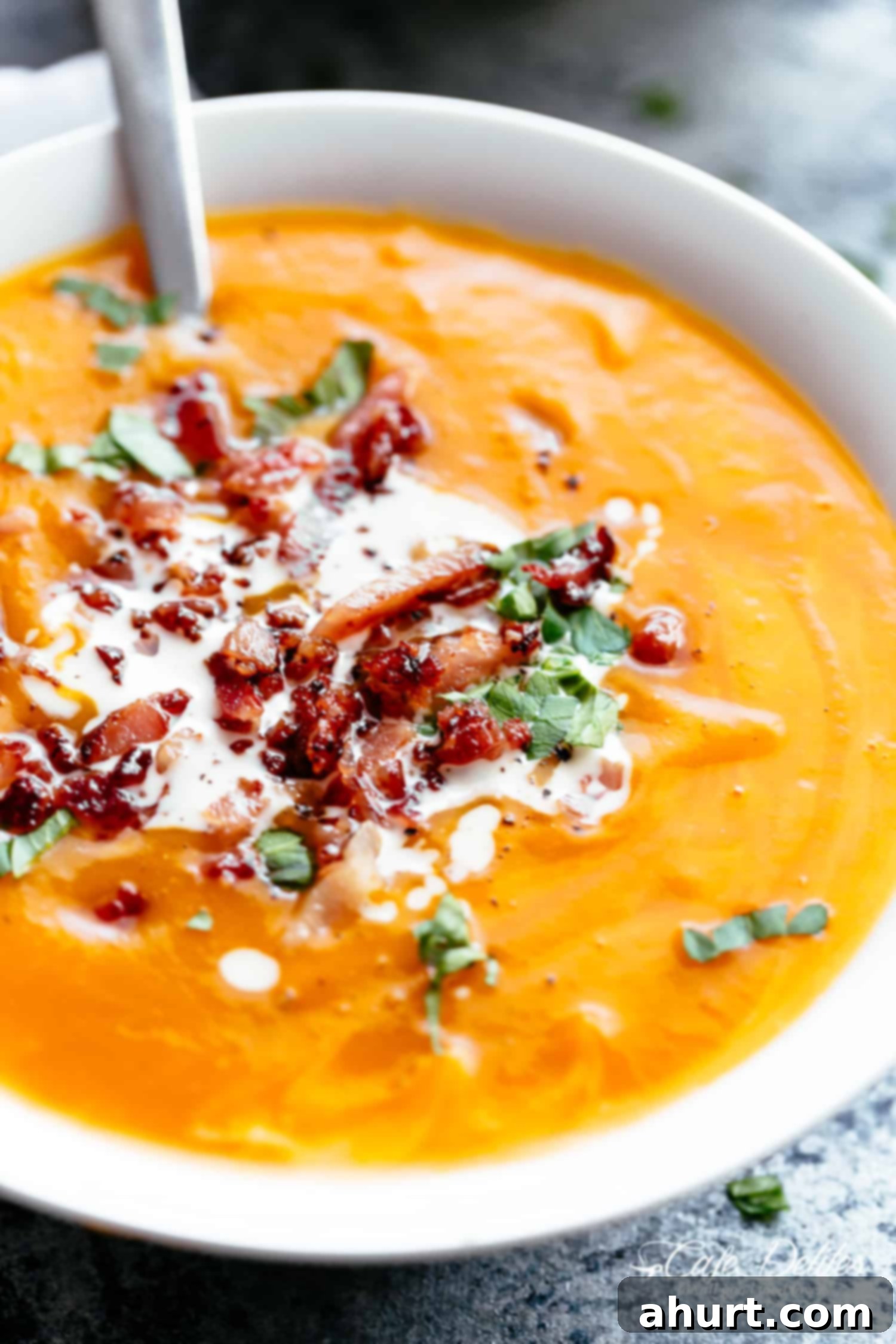 Velvety Golden Pumpkin Soup 2 Pumpkin Soup with spoon in a bowl